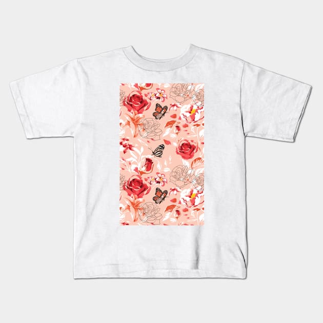 Beautiful Rose Flowers and Butterfly Pattern Artwork Kids T-Shirt by Artistic muss